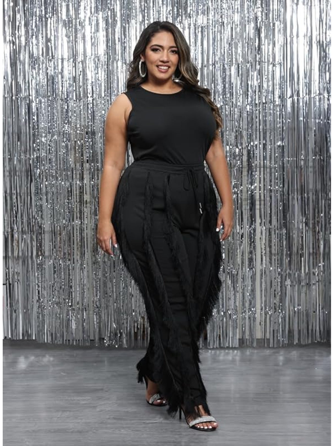 Sleeveless Tank Top with Drawstring Fringe Pant Set