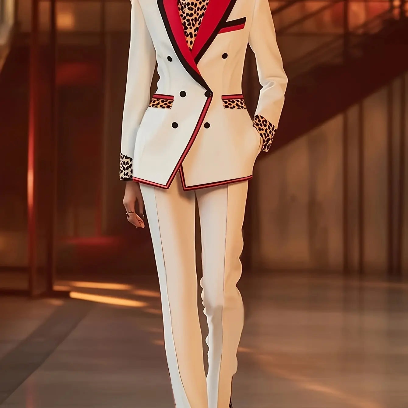 Red Striped Lapel Collar Double Breasted Suit Toshe Women's Fashions