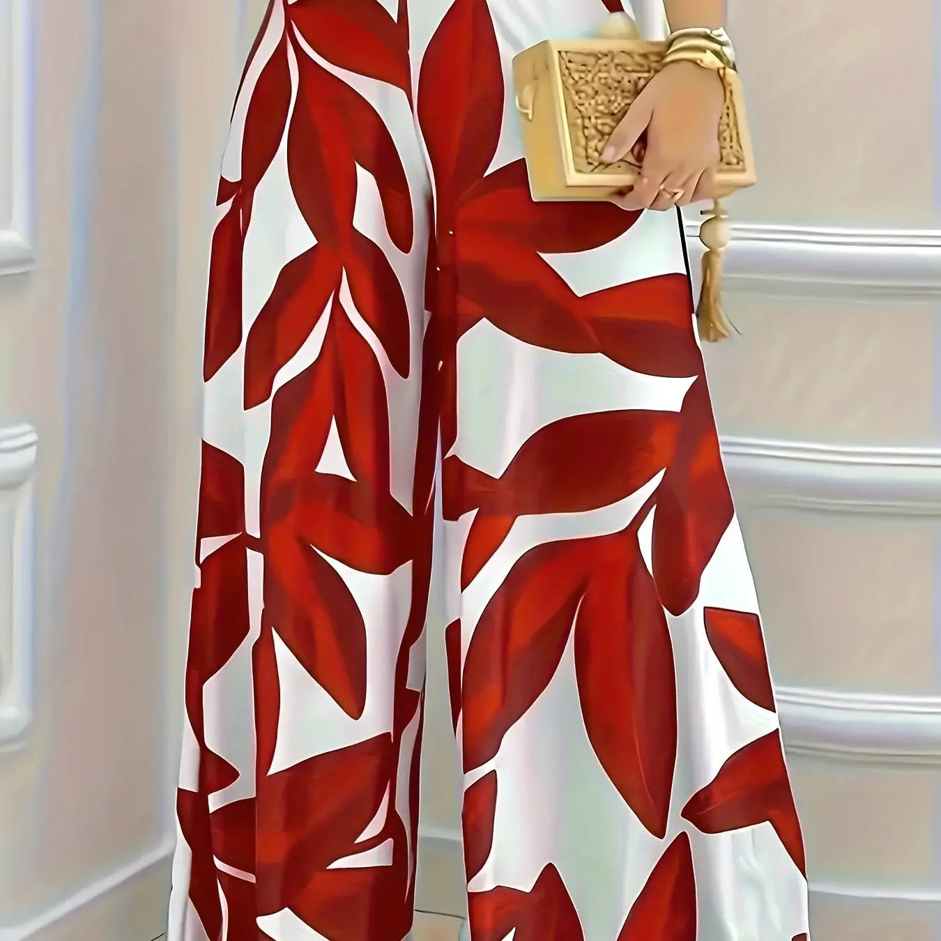 Wide Leg Red Leaf Print Pants Toshe Women's Fashions