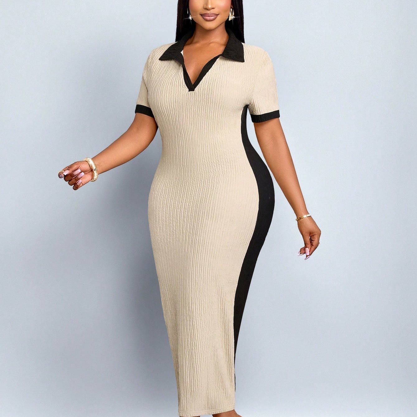 Sophisticated Charm Contrast-Collar Midi Dress β Effortless Elegance for Every Occasion