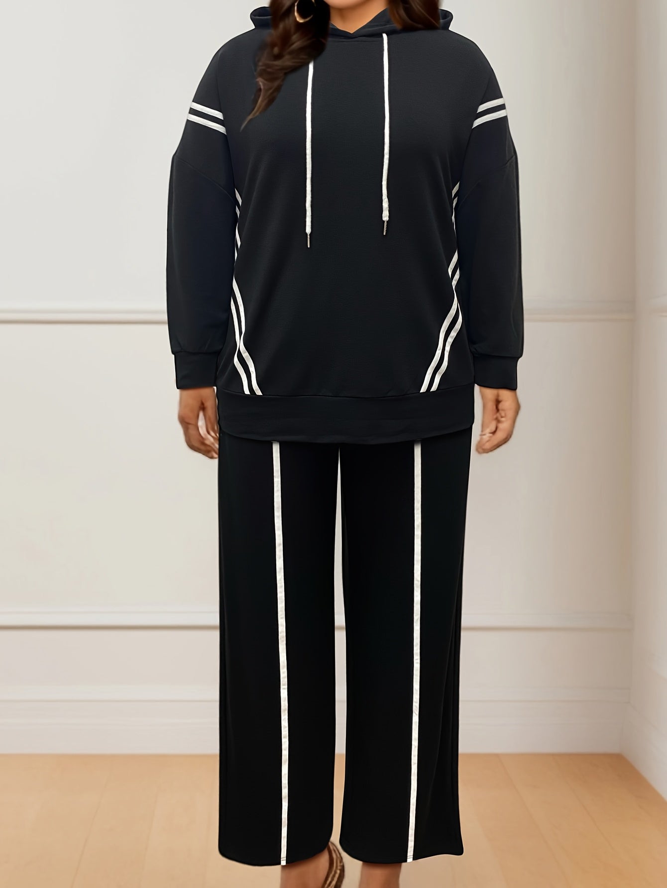 Striped Hooded Sweatshirt & Straight Leg Pant Set – Cozy 2-Piece Loungewear Outfit