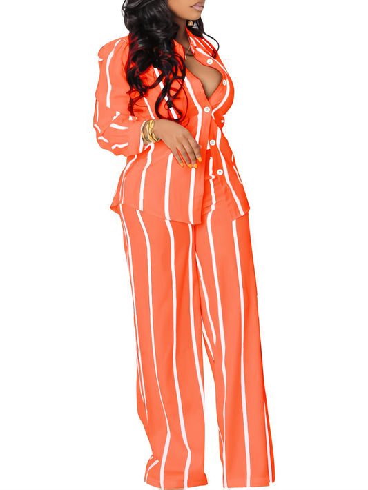 Striped Button Front Shirt with Wide-leg Trousers with Pockets