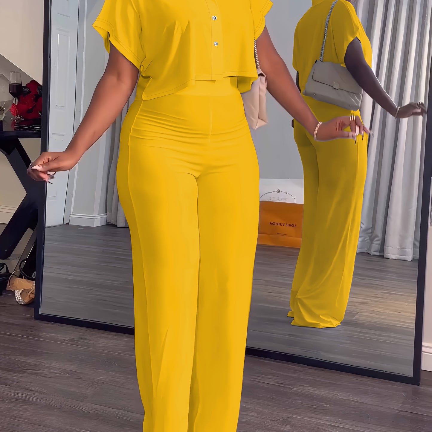 Collared Button Crop Top and Wide Leg Pant Set