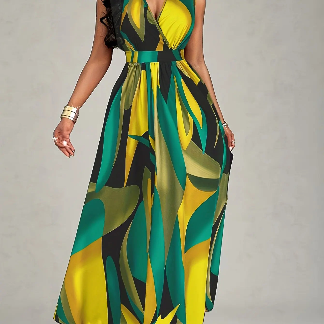 Green Tropical Print Flowing Maxi Dress Toshe Women's Fashions