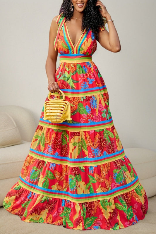 Tropical Leaf Print Maxi Dress – V-Neck, Sleeveless & Flowy Fit