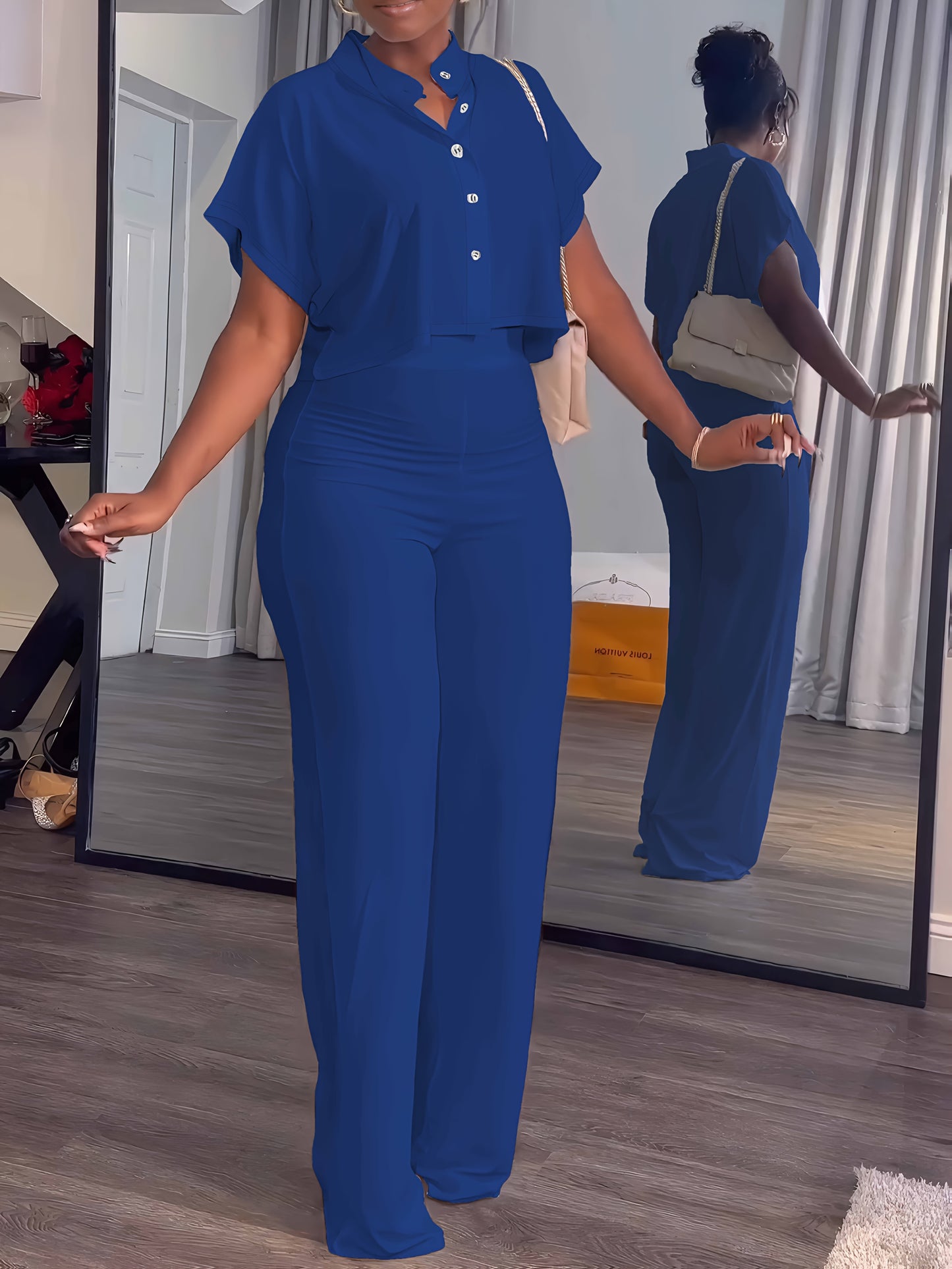 Collared Button Crop Top and Wide Leg Pant Set