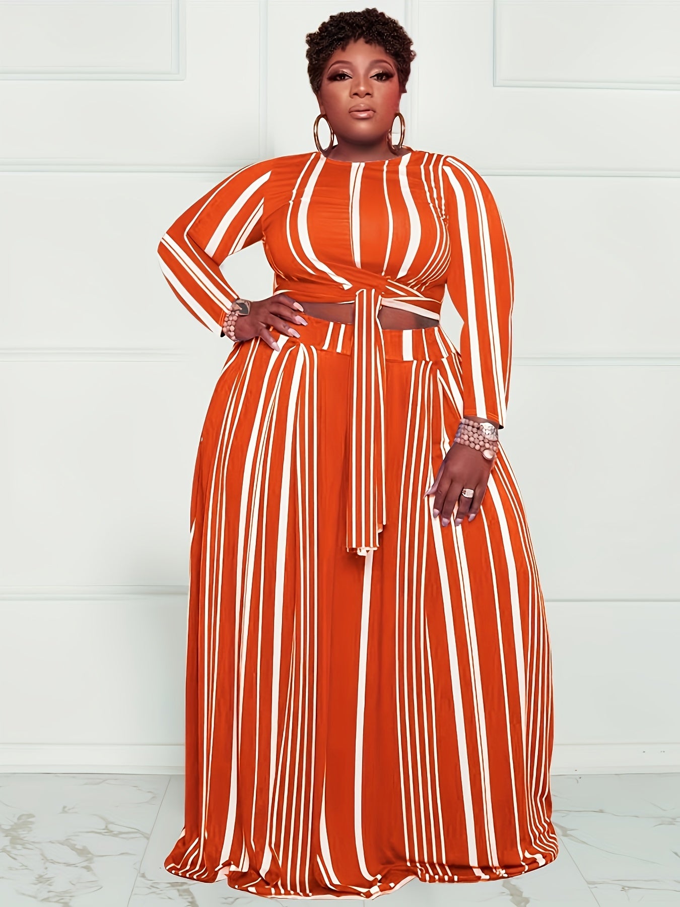 Bold Vertical Striped Crew Neck Crop Top & Wide-Leg Maxi Skirt with Belt