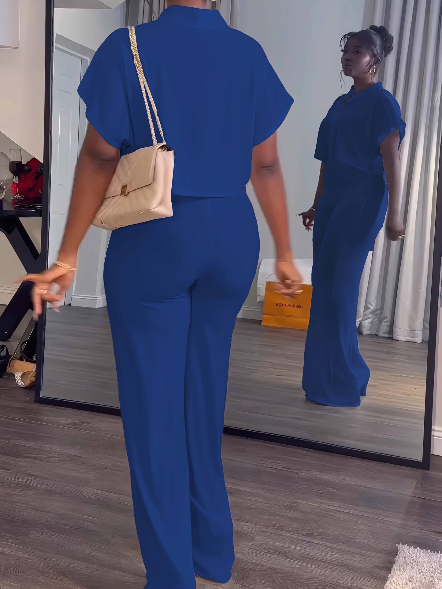 Collared Button Crop Top and Wide Leg Pant Set