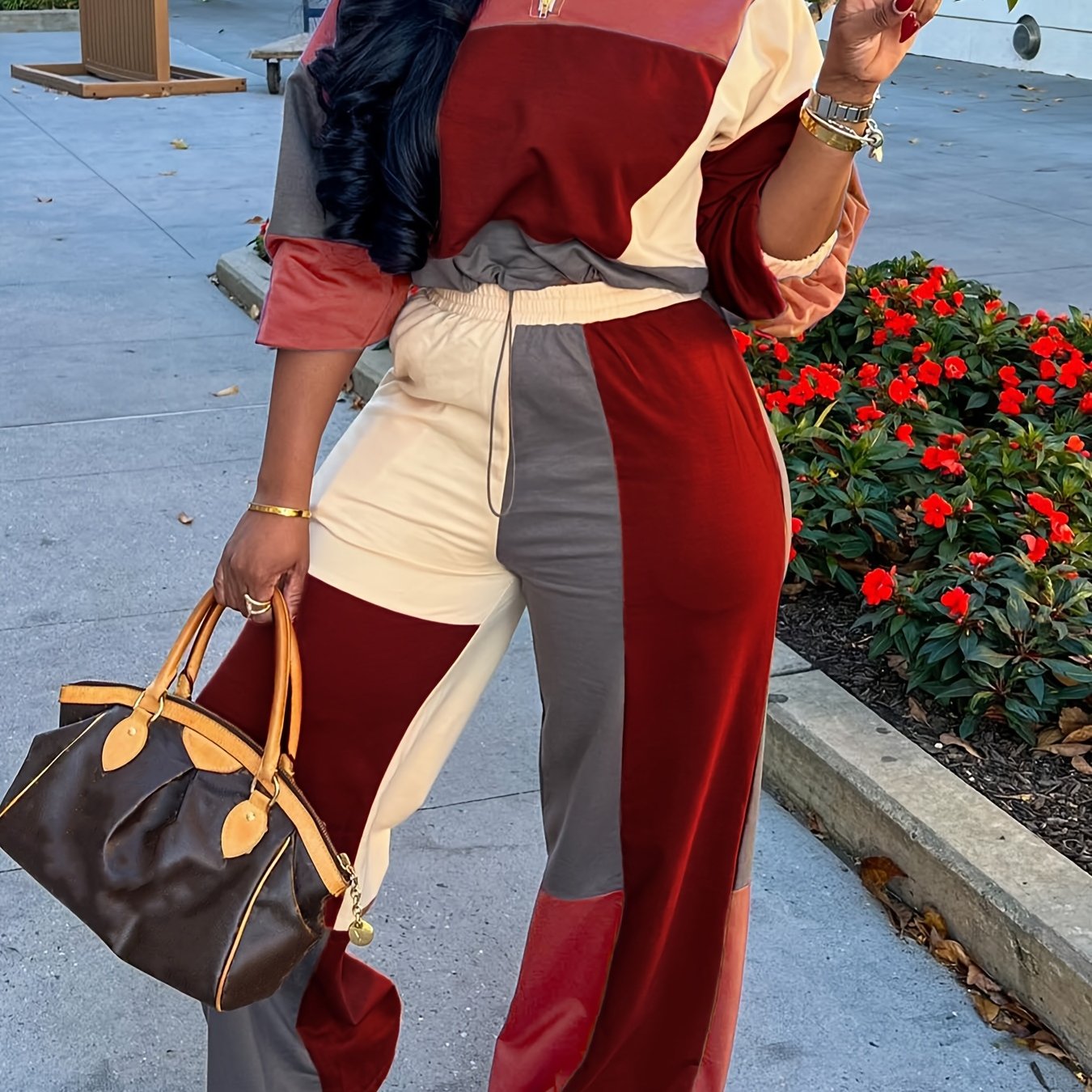 Color Block Cropped Zip Hoodie & High Waist Pants Set