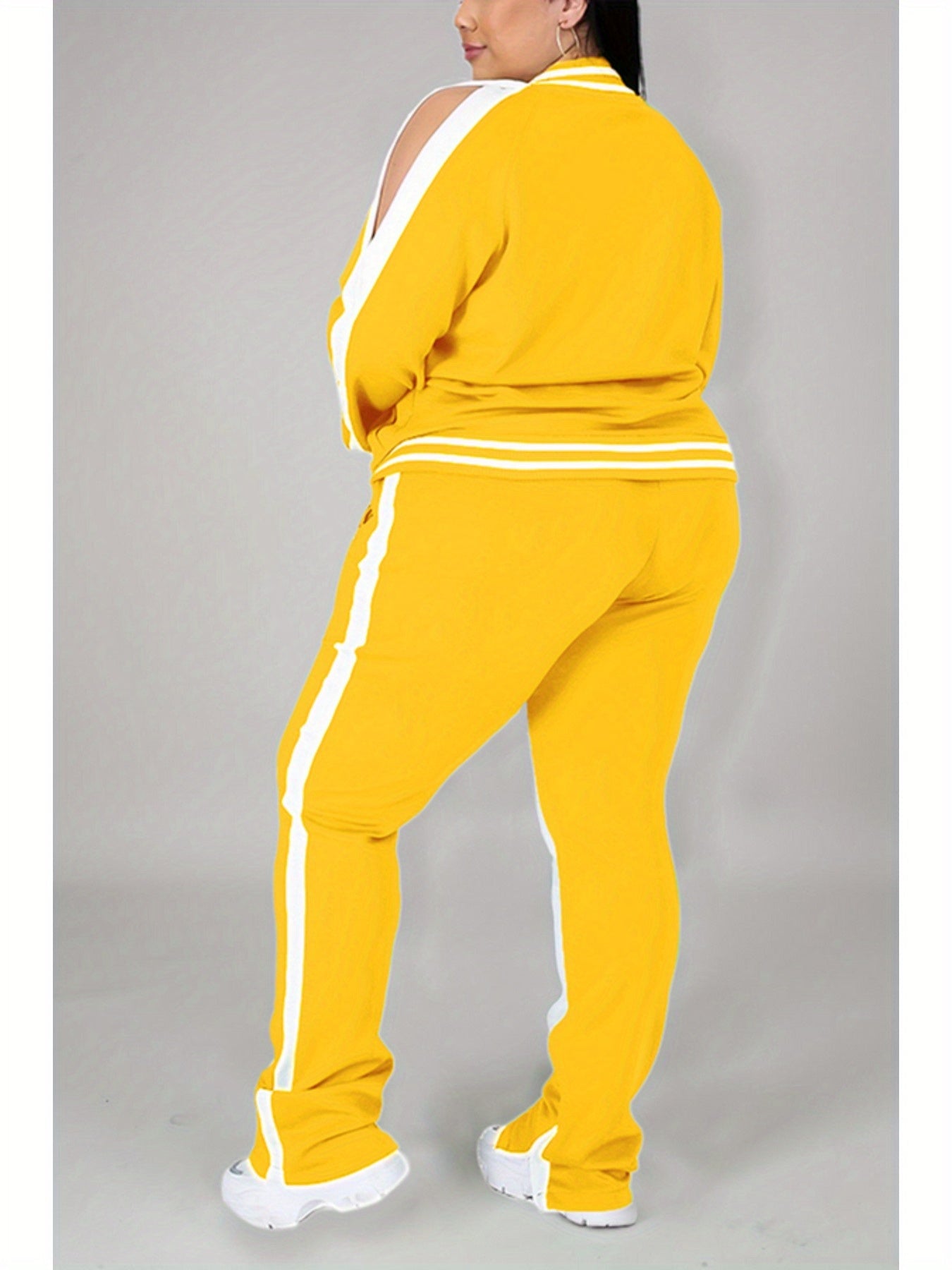 Yellow Stripe Jacket & Pants Set – Chic Two-Piece Tracksuit with Zipper Jacket & Slit Hem Pants