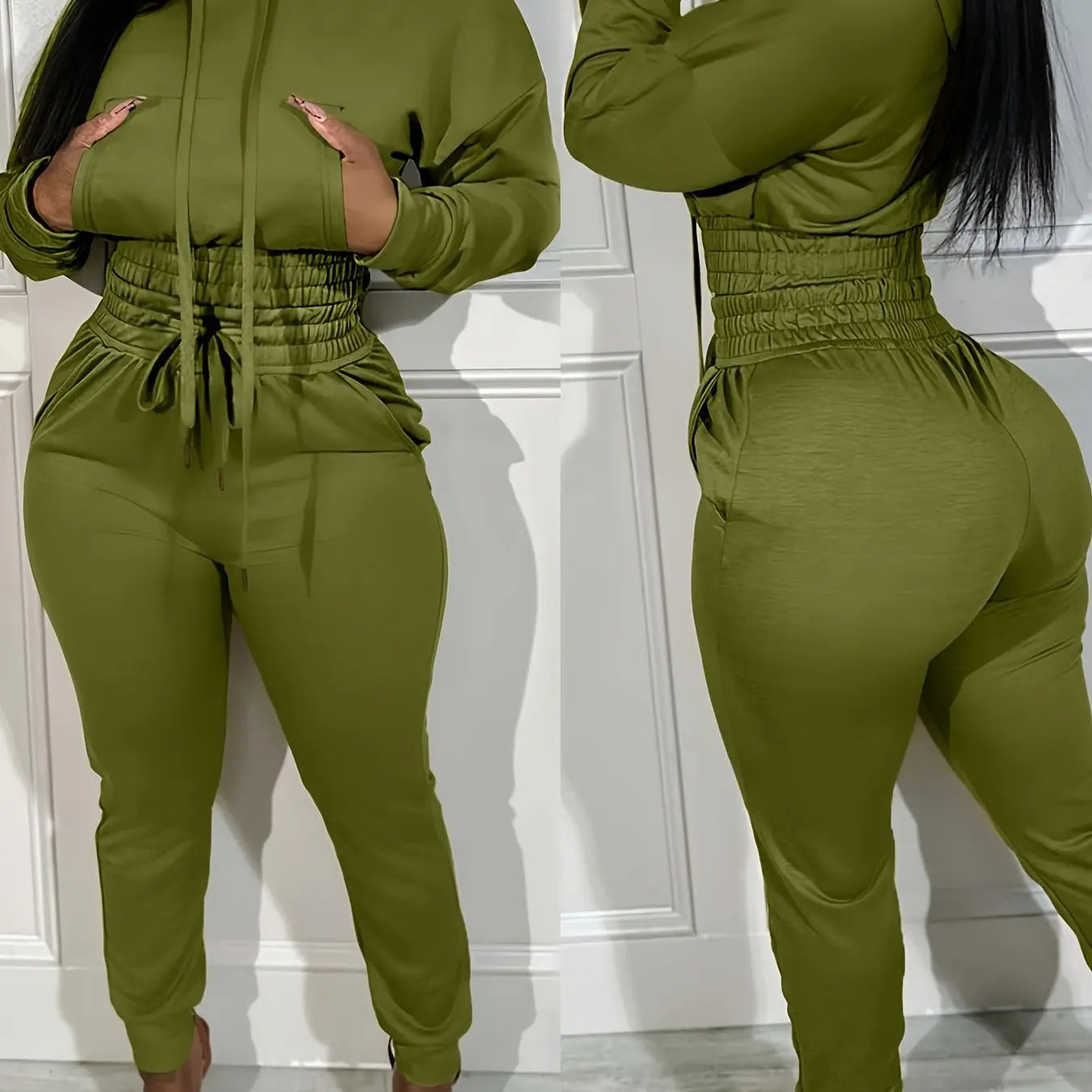 Hooded Crop Top and Shirred Waist Cuffed Jogger Set Toshe Women's Fashions