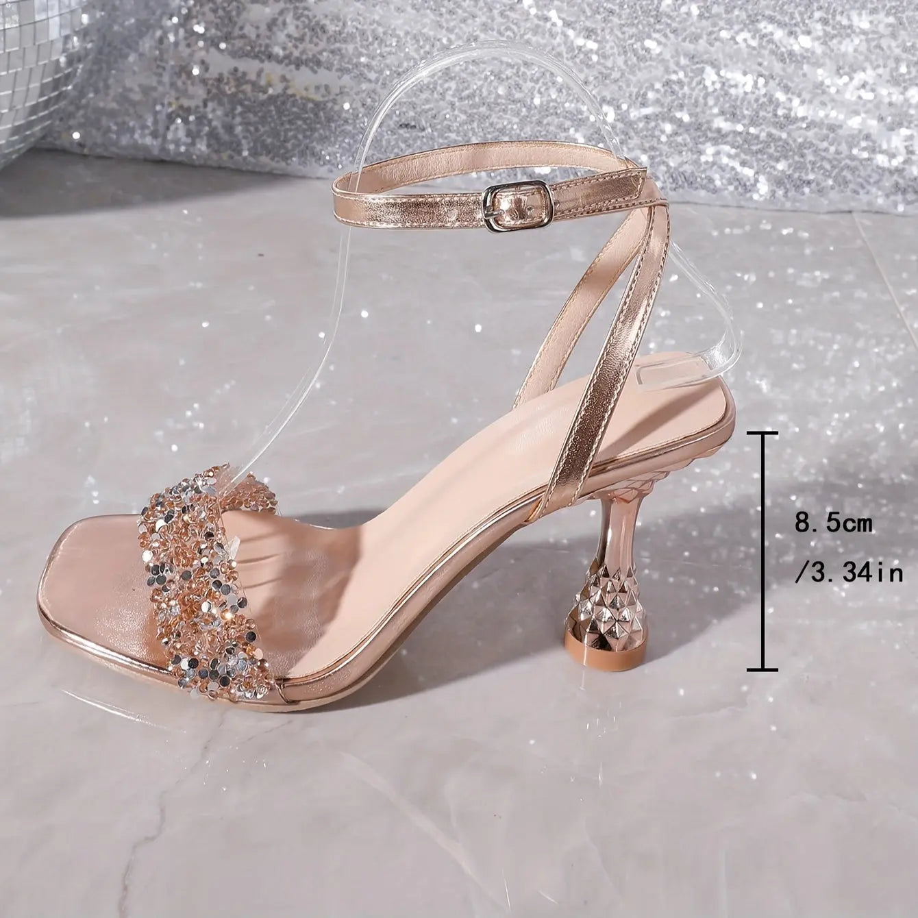 Sequins Accented Ankle Strap Square Toe Sandals Toshe Women's Fashions