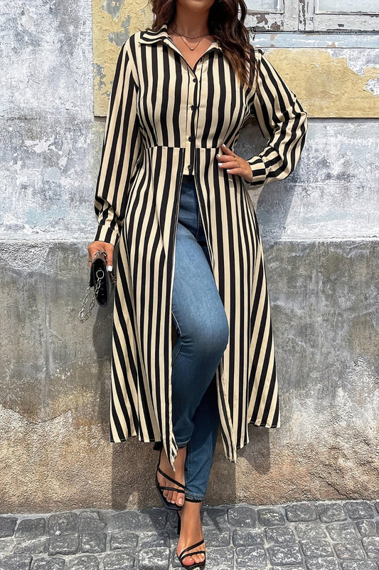 Collared Striped Button-Up Hi-Lo Blouse with Front Split