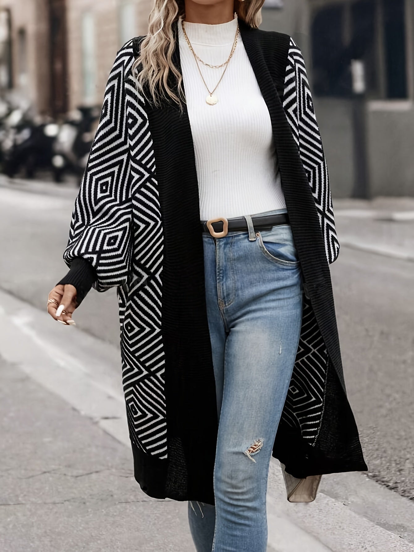Black/White Acrylic Knit Open-Front Geometric Pattern Cardigan