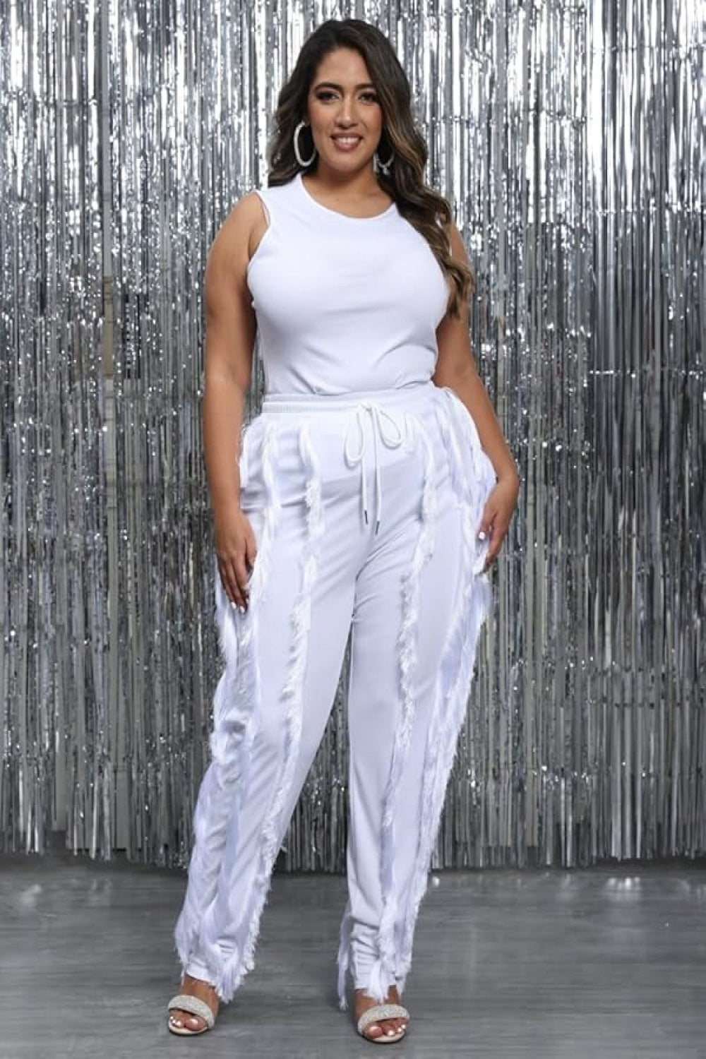 Sleeveless Tank Top with Drawstring Fringe Pant Set