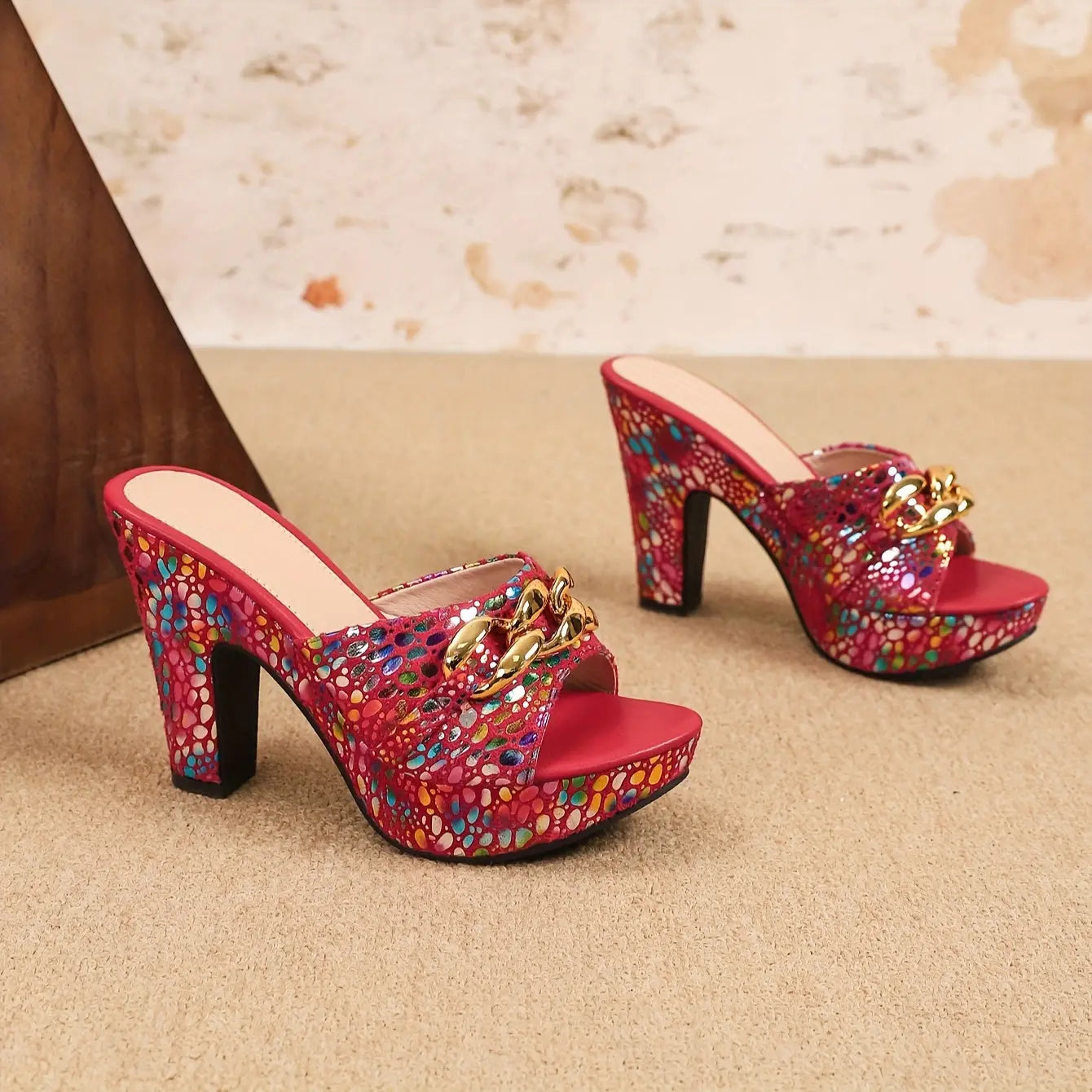 Red Multicolor Open-Toe Slip-On Wedge Sandals Toshe Women's Fashions