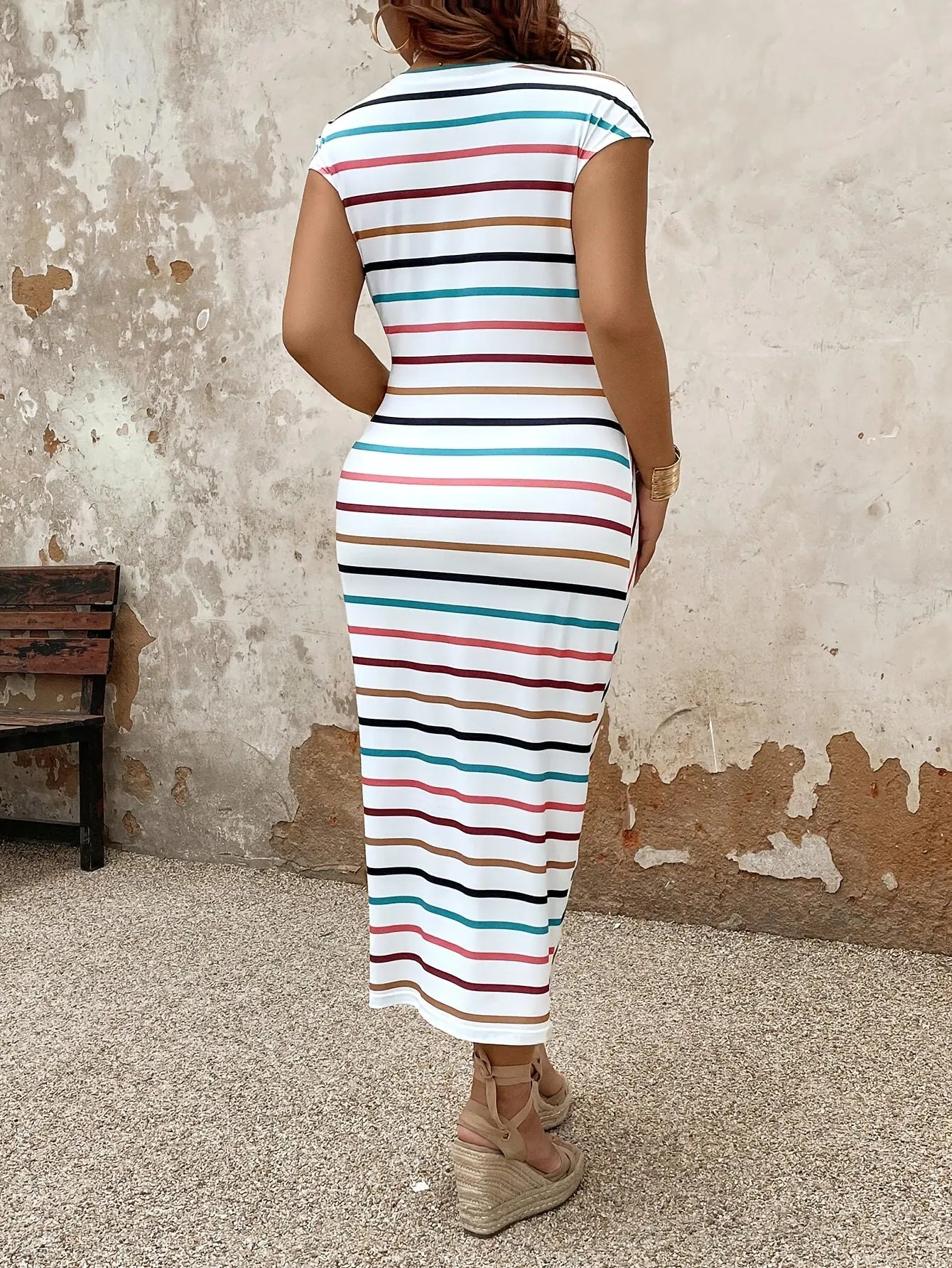 Striped Wrap Dress - Sleeveless, Short Sleeve, Round Neck, Polyester Blend, Midi Length, Toshe Womens Fashions