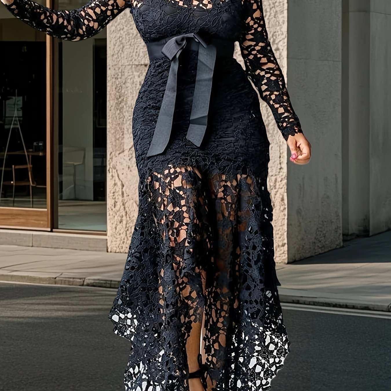 Lace Embroidered Belted Midi Dress – Asymmetrical Hem & Romantic Detailing