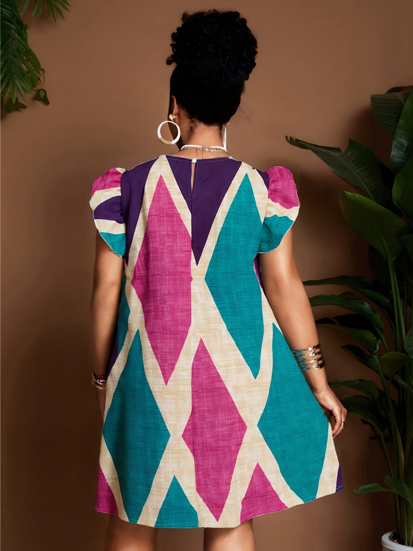 Geometric Ruffle Sleeve A-Line Mini Dress – Bold, Flowy & Flirty