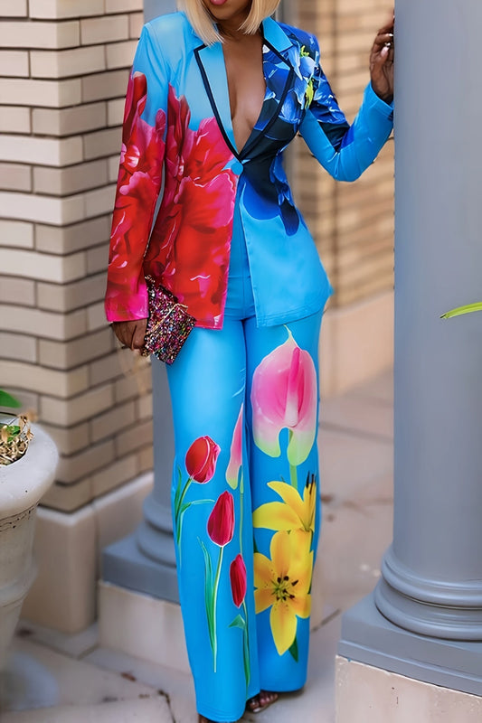 Floral Print V-Neck Blazer and Flare Trouser Pants Set