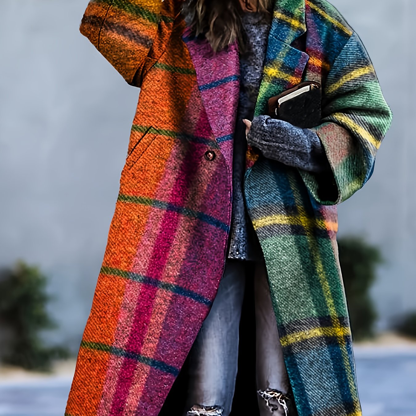 Multicolor Plaid Print Long Sleeve Lapel Overcoat