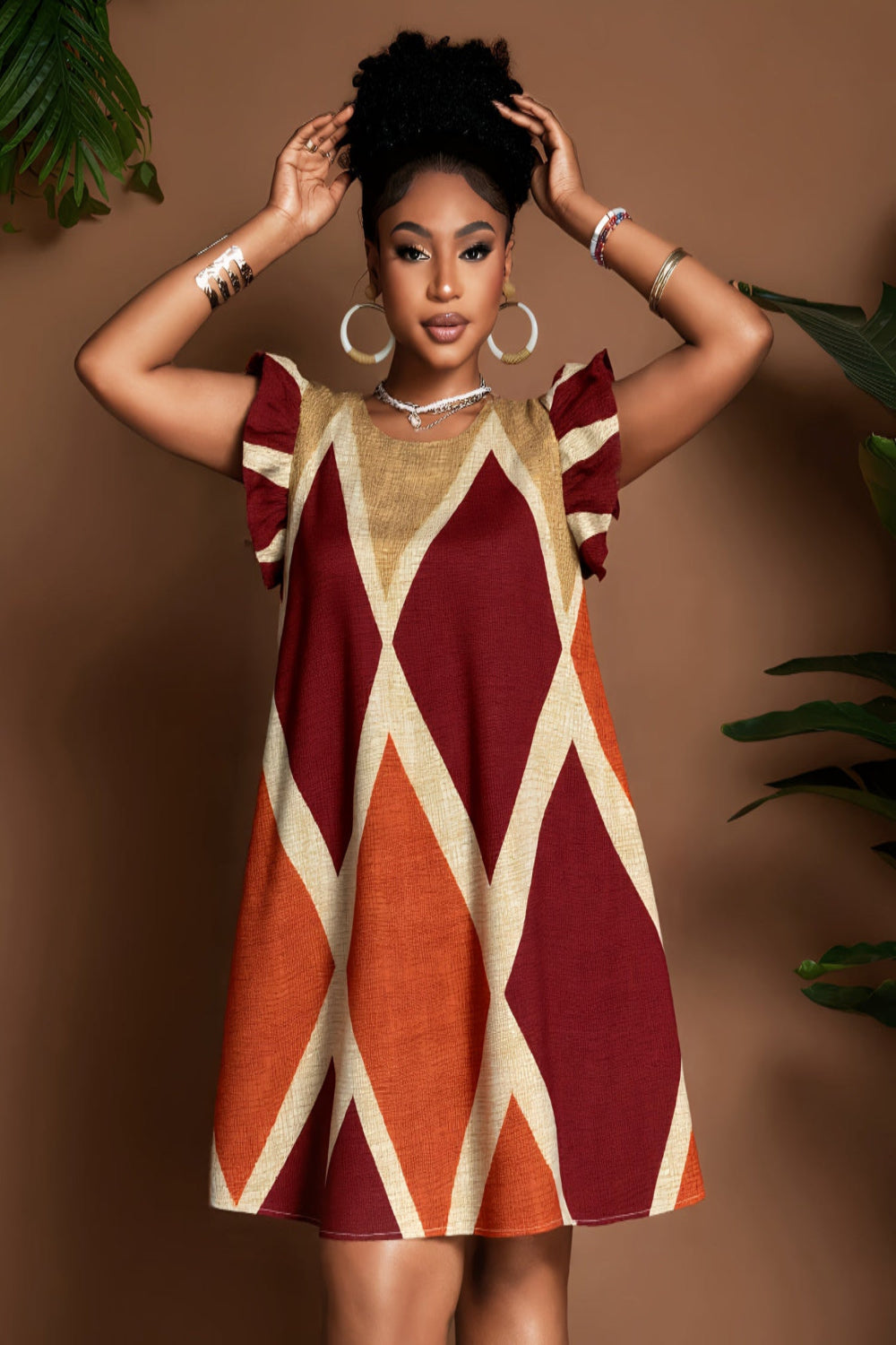 Geometric Ruffle Sleeve A-Line Mini Dress – Bold, Flowy & Flirty