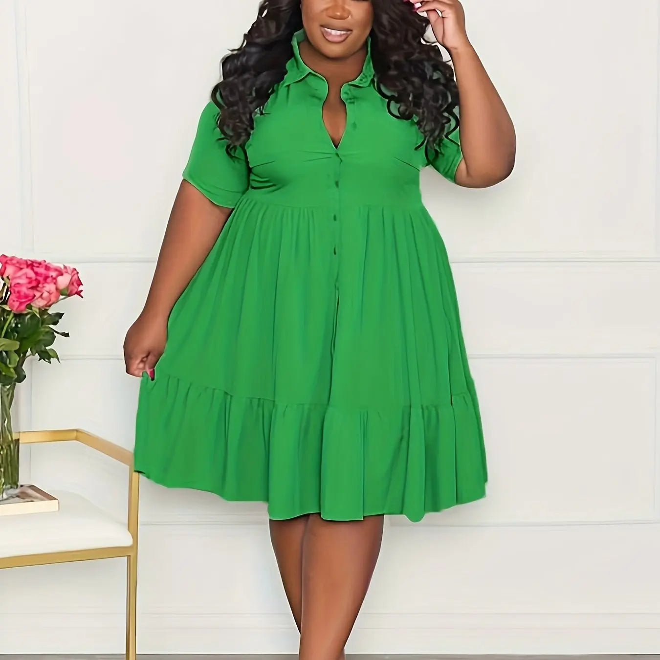 Ruffle Hem Tie Belt Shirt Dress Toshe Women's Fashions