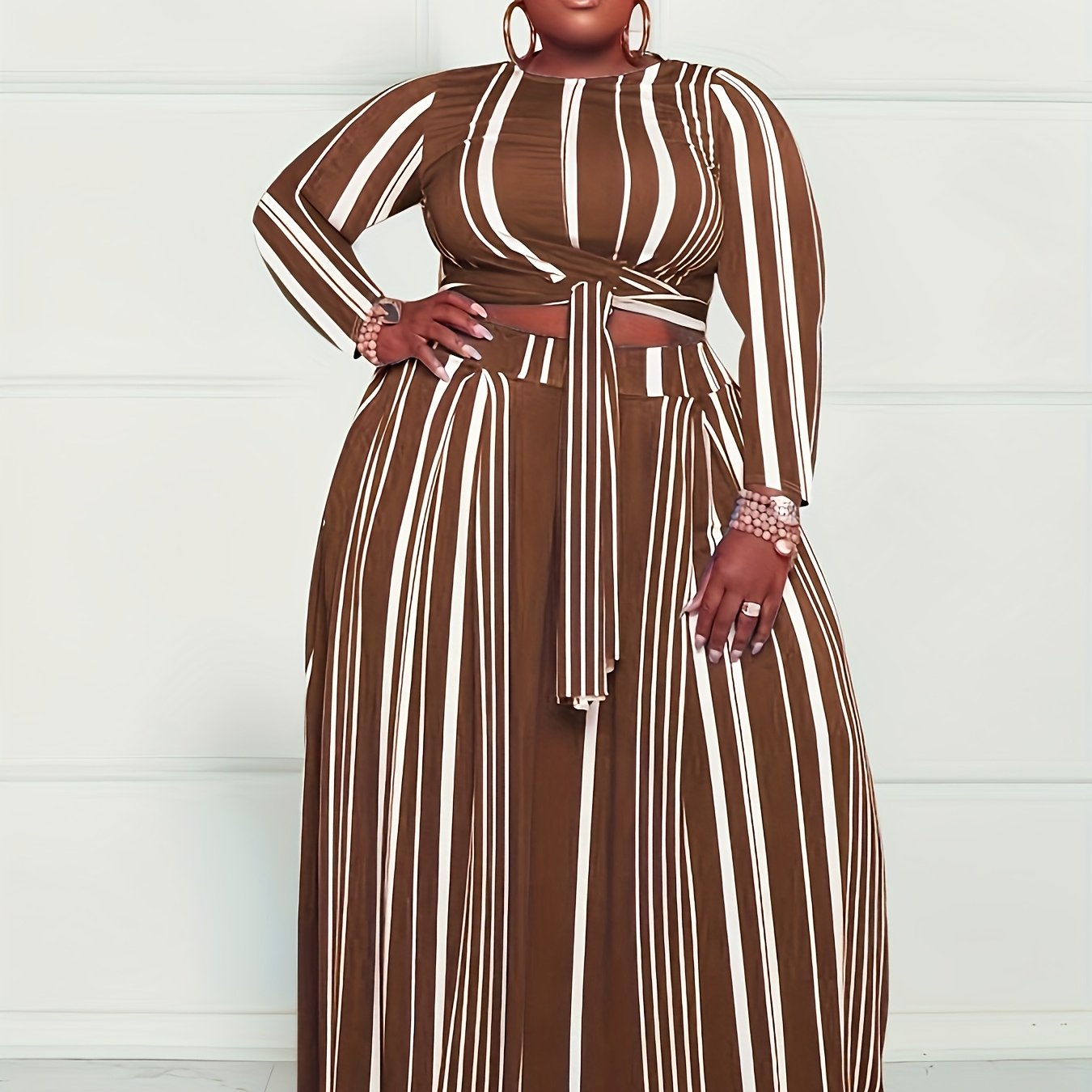 Bold Vertical Striped Crew Neck Crop Top & Wide-Leg Maxi Skirt with Belt
