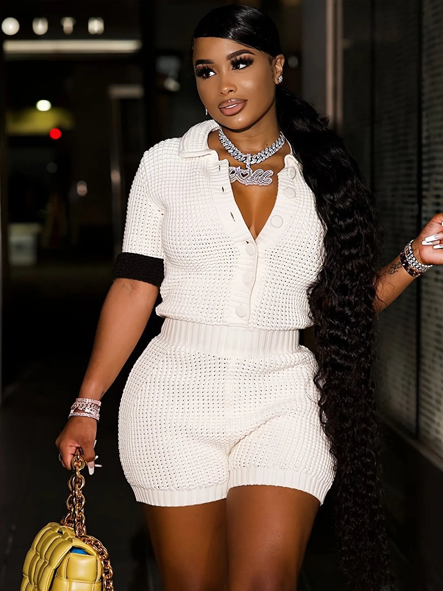 Knit  Button-Up Shirt and Shorts Set Toshe Womens Fashions