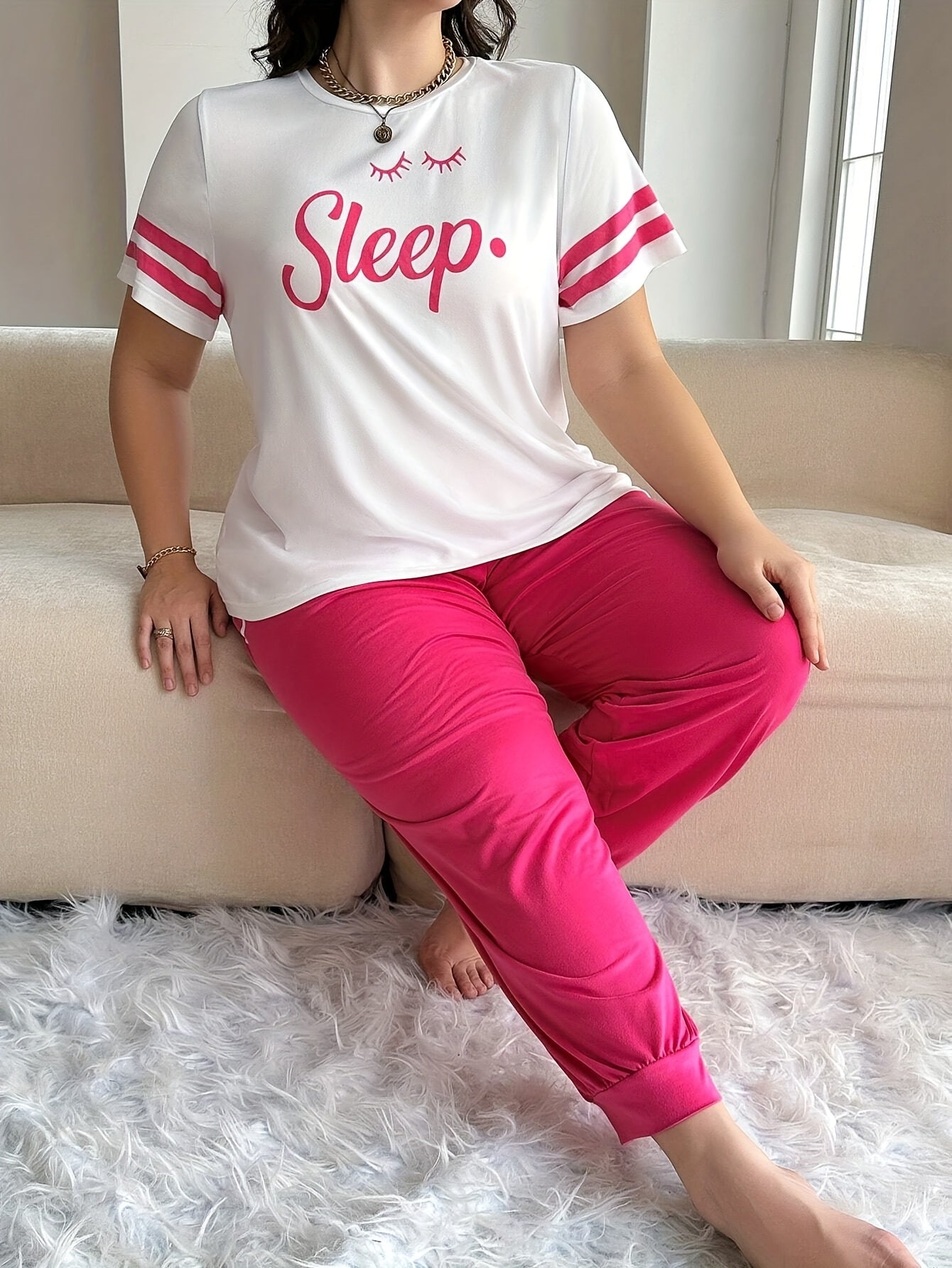 “Sleep” Graphic Striped Top & Drawstring Pajama Set – Soft Two-Piece Loungewear