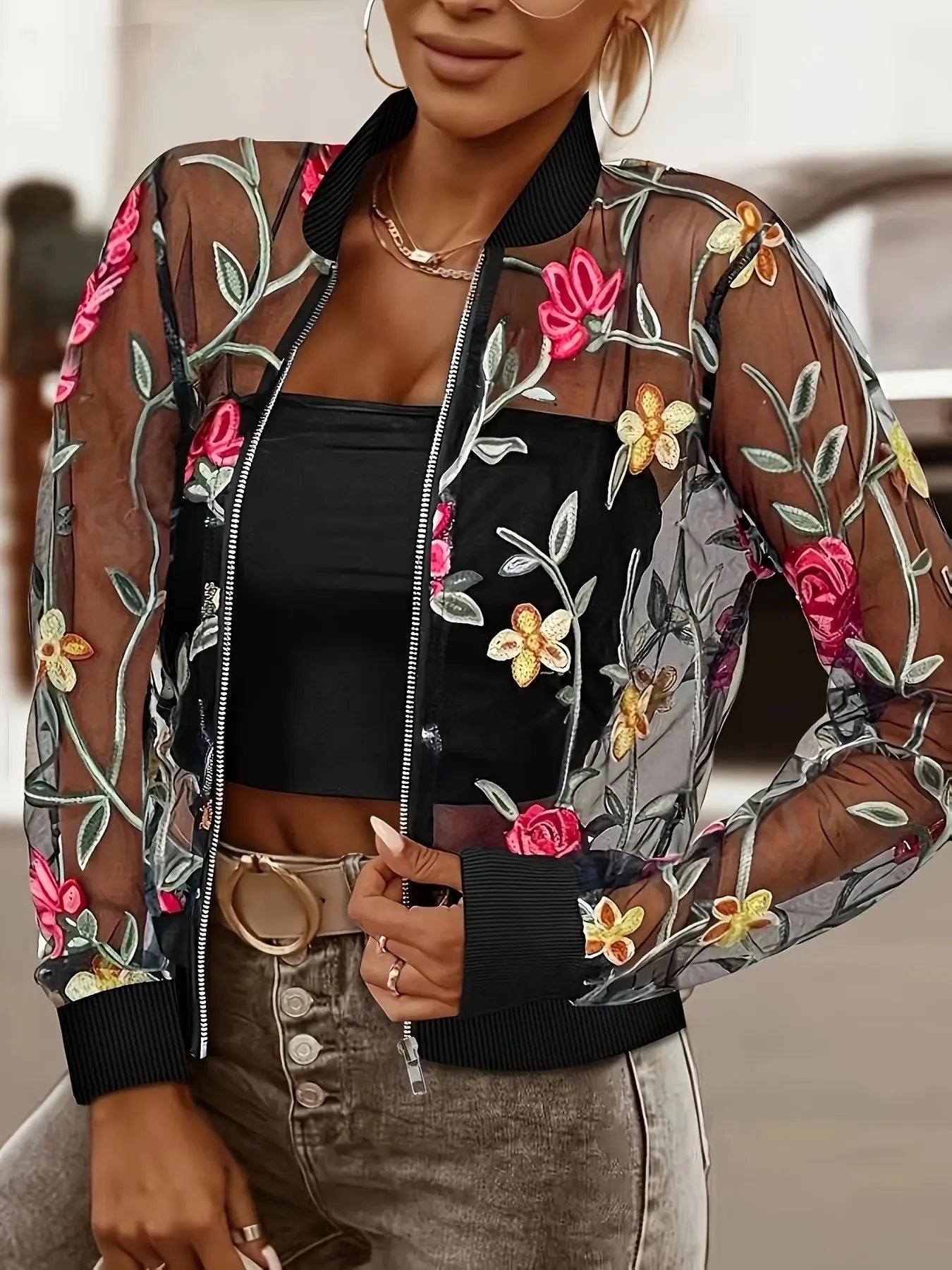Sheer Floral Embroidery Stand Collar Jacket Toshe Women's Fashions