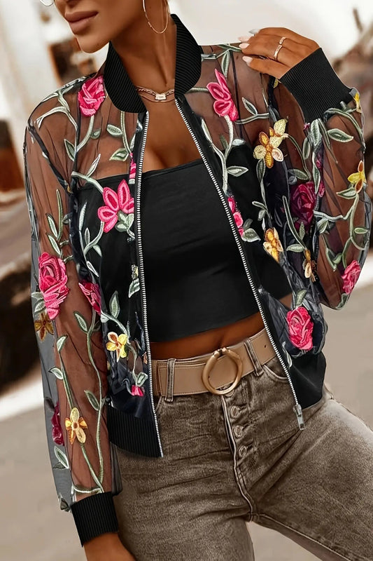 Sheer Floral Embroidery Stand Collar Jacket Toshe Women's Fashions