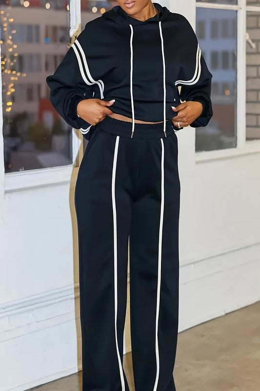 Striped Hooded Sweatshirt & Straight Leg Pant Set – Cozy 2-Piece Loungewear Outfit