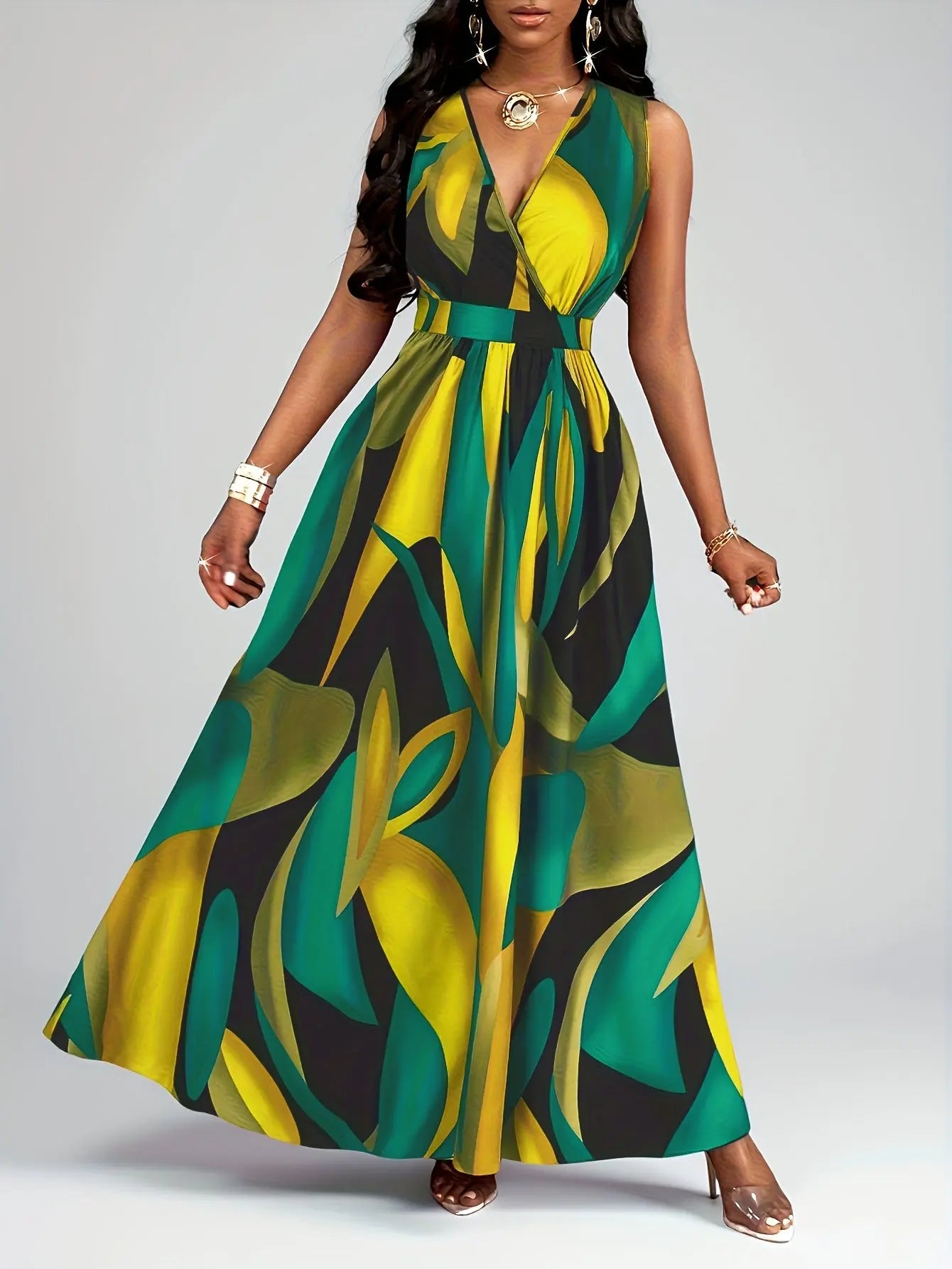 Green Tropical Print Flowing Maxi Dress Toshe Women's Fashions