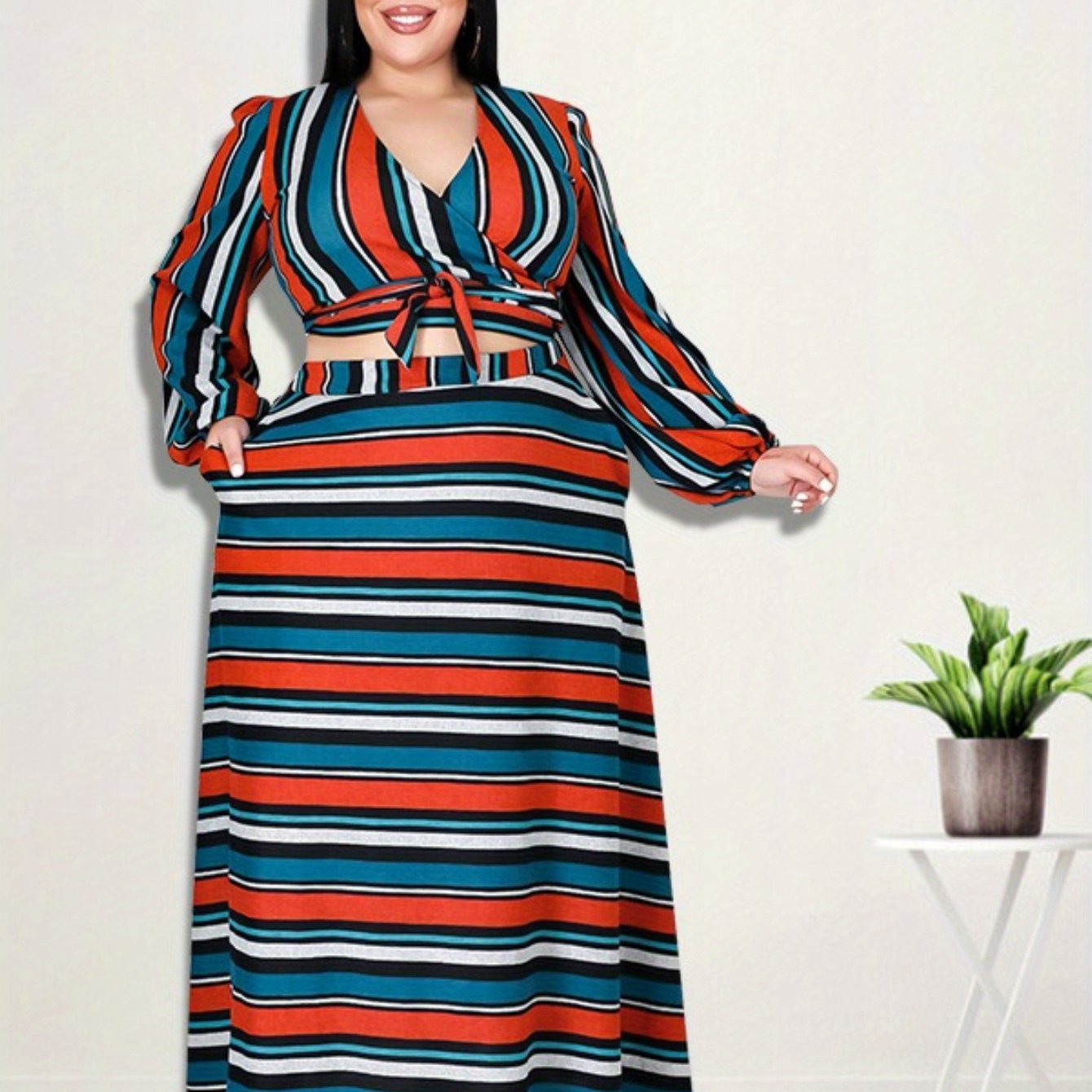 Striped Horizontal and Vertical Crop Top & Asymmetrical Hem Skirt Set