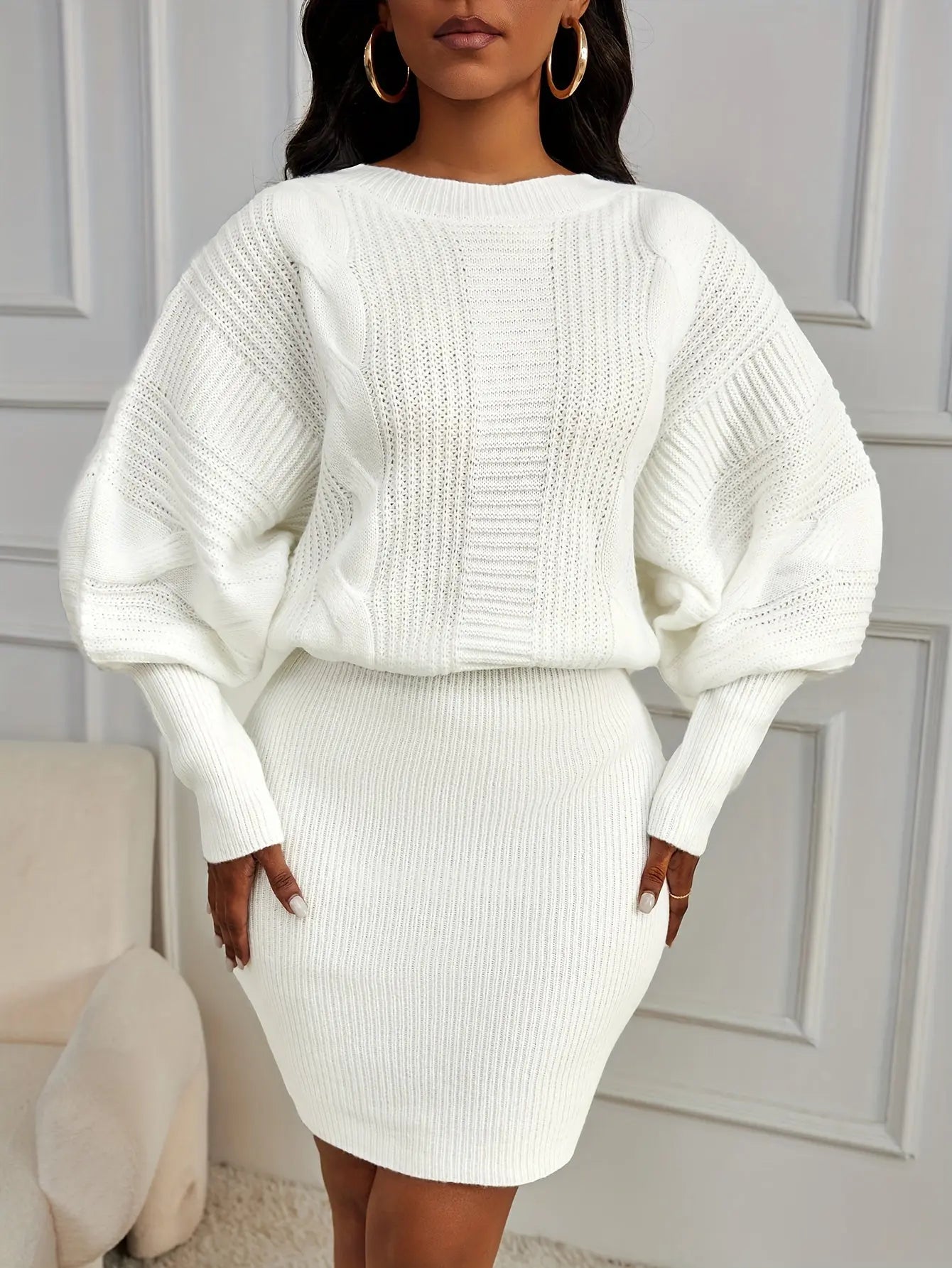 Stylish Ribbed Knitted Crew Neck Dress  Elegant Long Sleeve Solid Color Dresses aliexpress