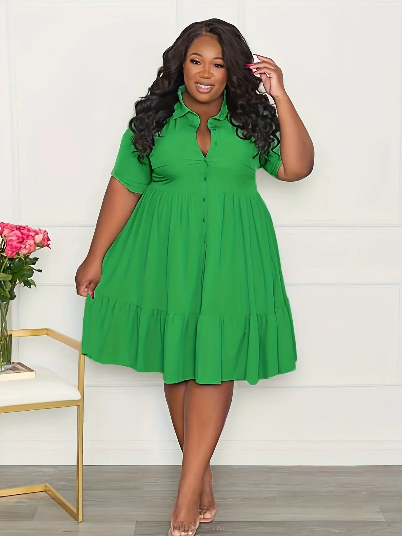 Ruffle Hem Tie Belt Shirt Dress Toshe Women's Fashions