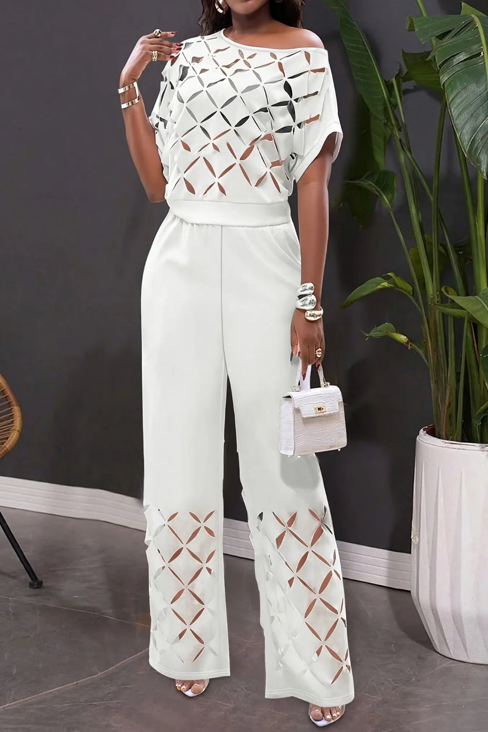 White Asymmetrical Shoulder Hollow Out Lace 2pcs Set Toshe Women's Fashions