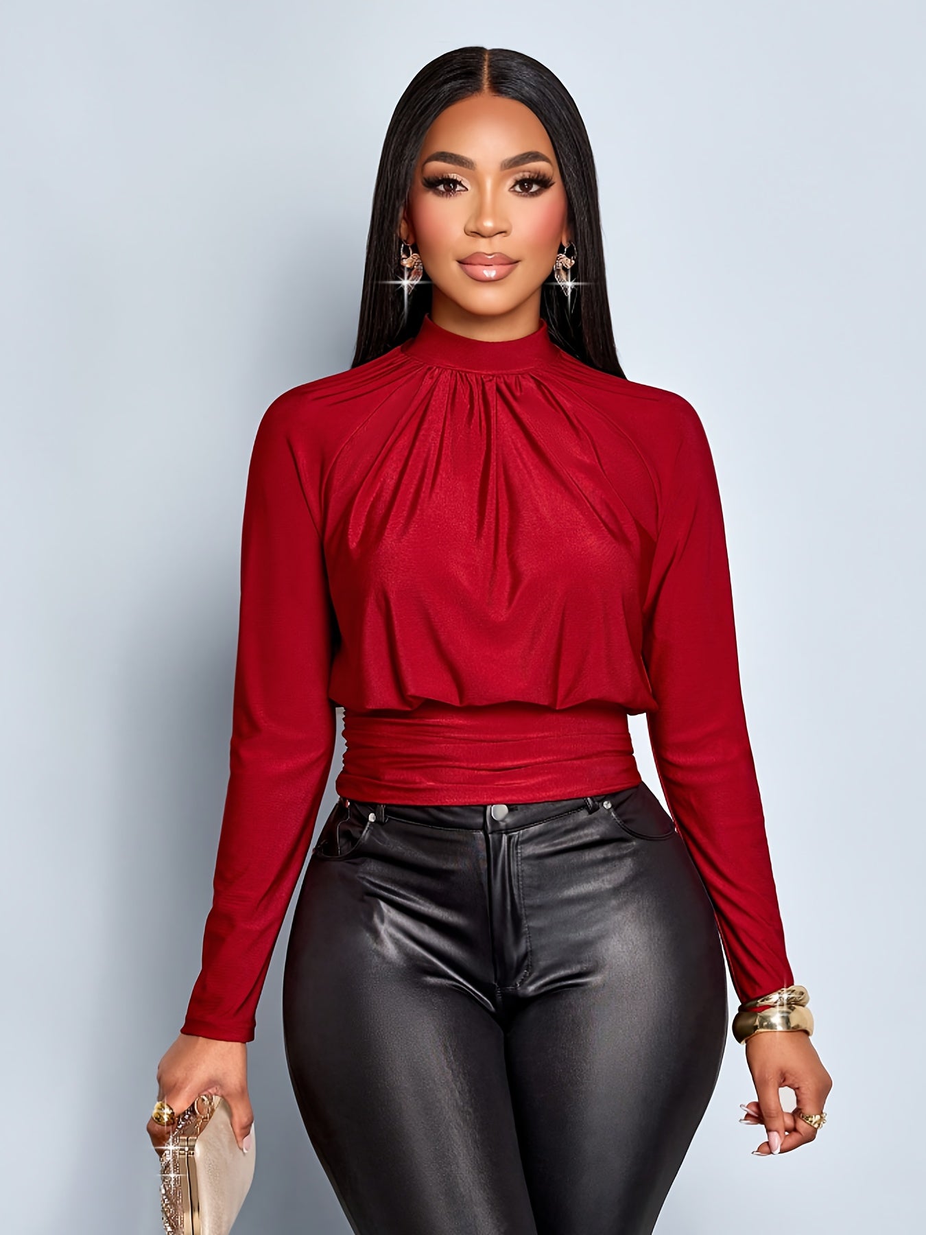 Red High-Neck Waist-Cinched Pleated Blouse