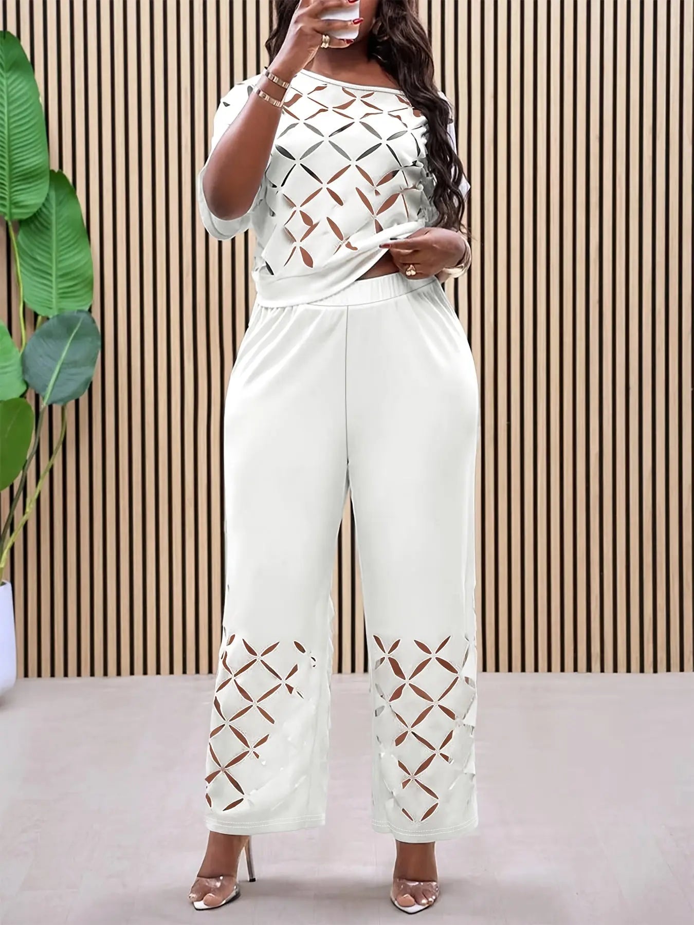 White Asymmetrical Shoulder Hollow Out Lace 2pcs Set Toshe Women's Fashions