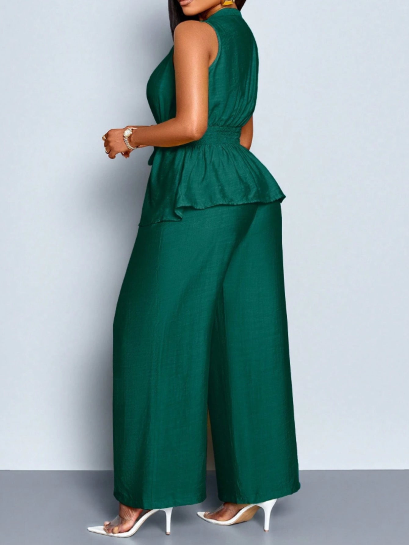 Green Sleeveless Ruffle Top & Wide-Leg Pants Set