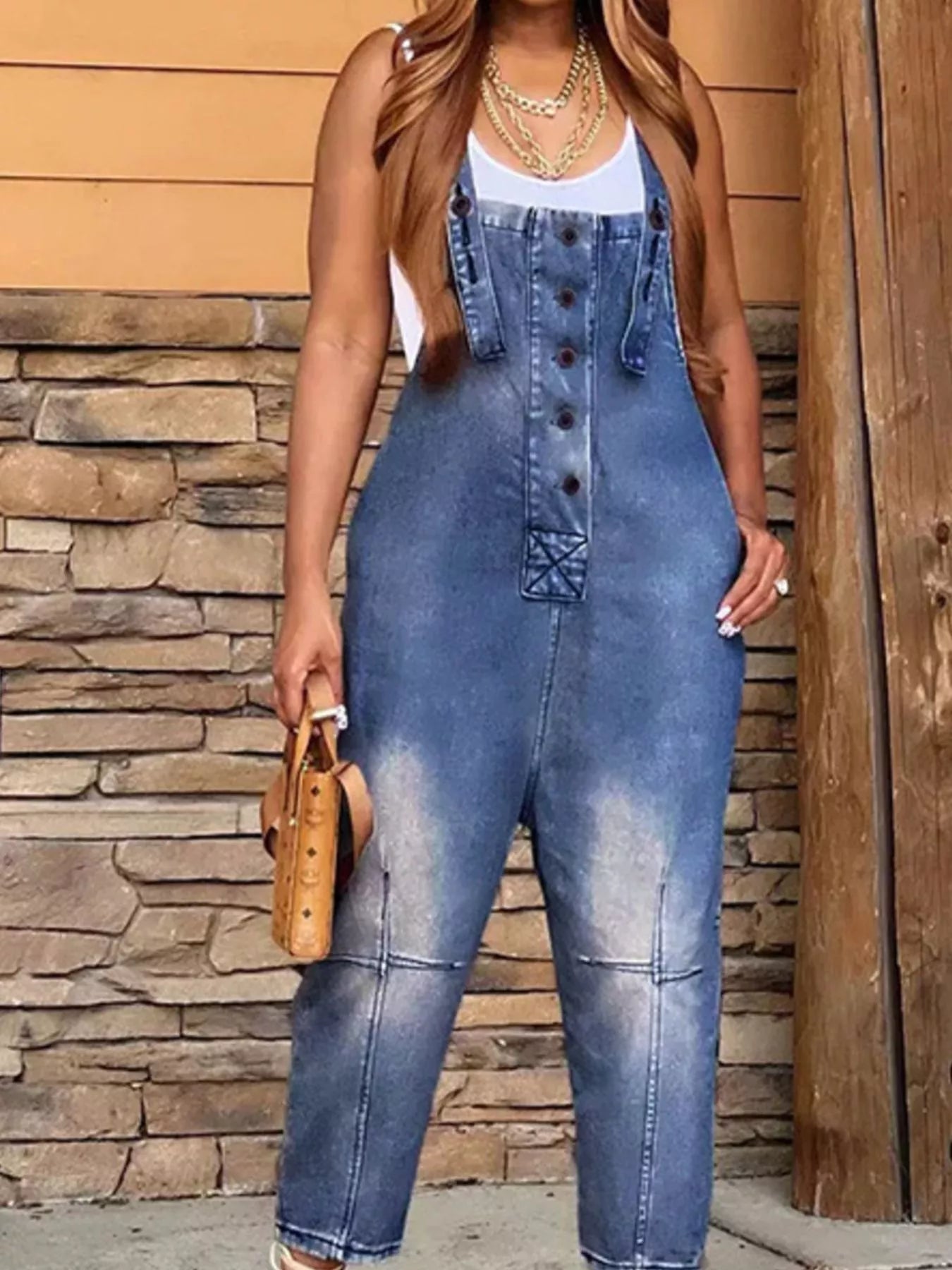 Trendsi denim button front overalls with pockets, casual style, featuring adjustable straps and front chest and side pockets.