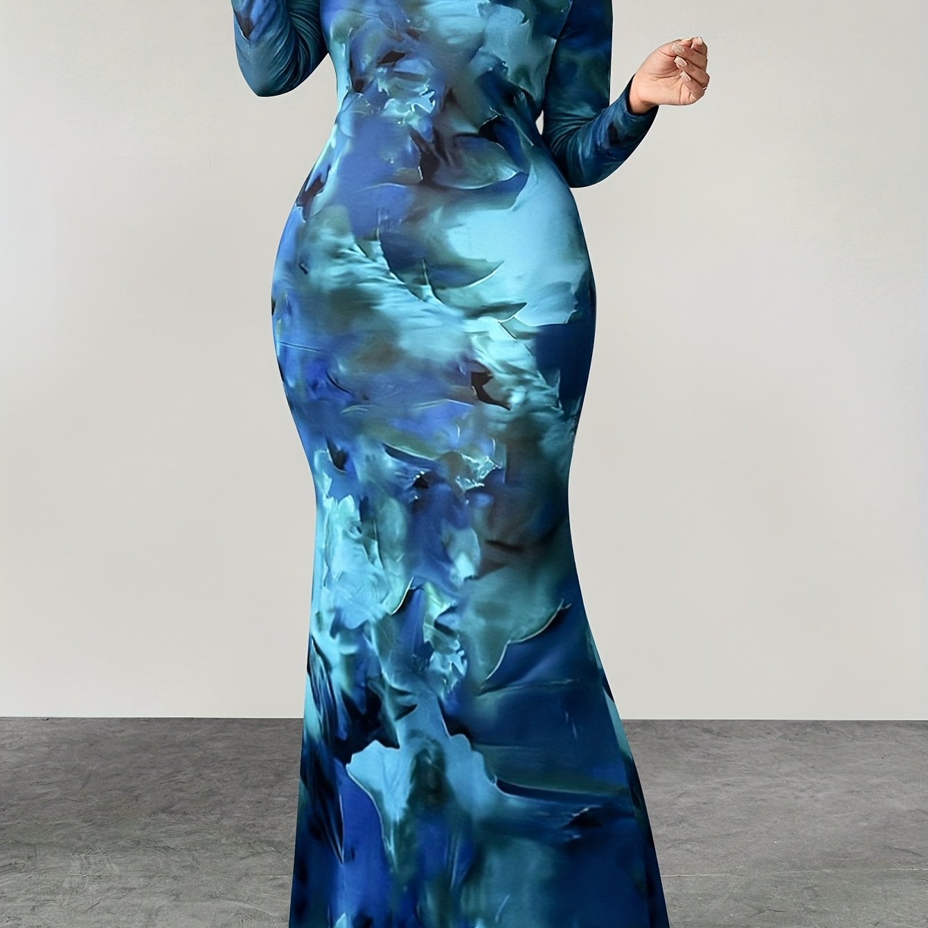 Blue-Green Marble High-Collar Fishtail Dress