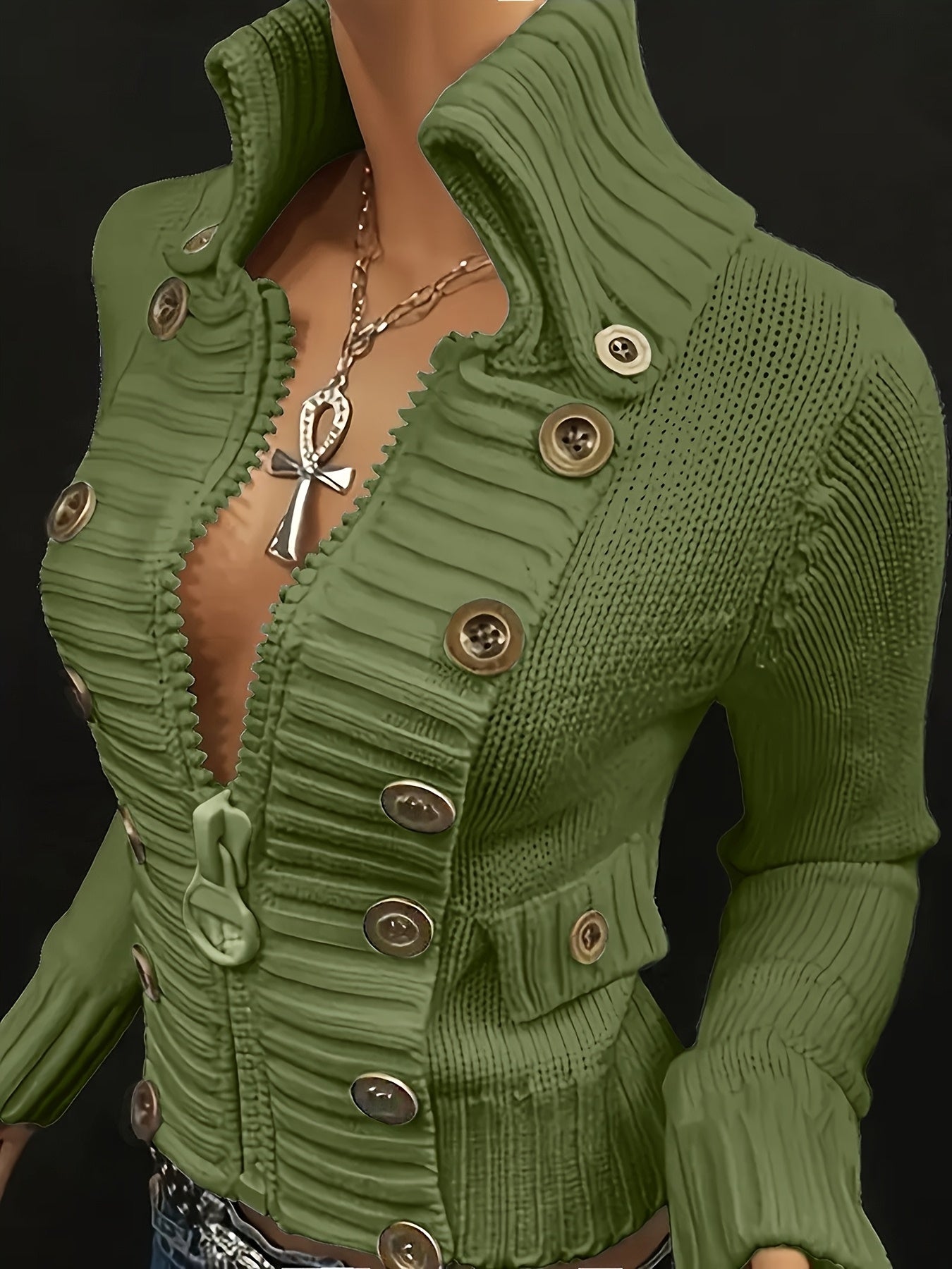 Slim Fit Cropped Cardigan with Statement Zipper & Decorative Buttons
