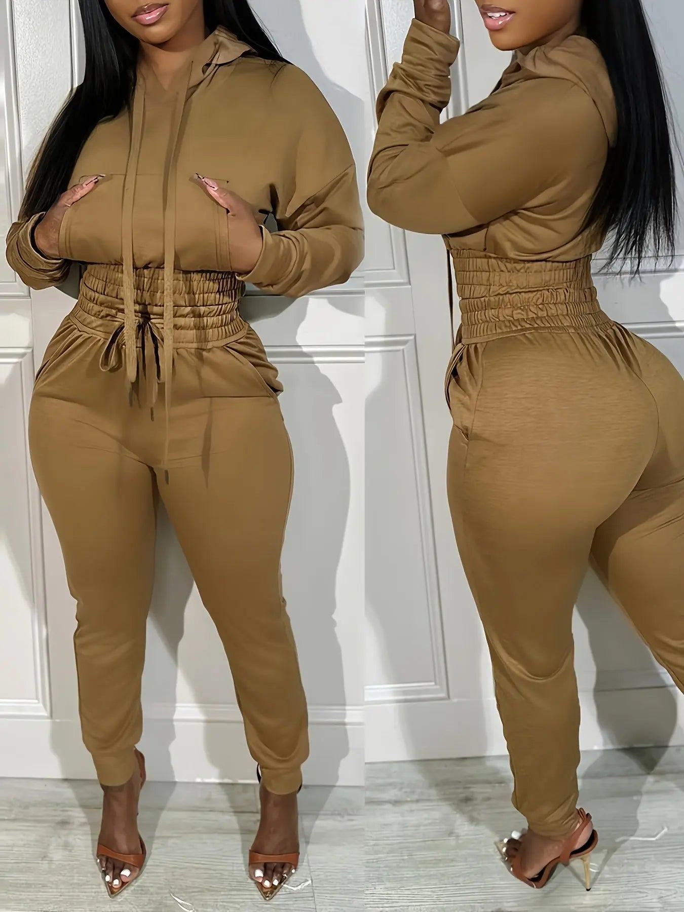 Hooded Crop Top and Shirred Waist Cuffed Jogger Set Toshe Women's Fashions