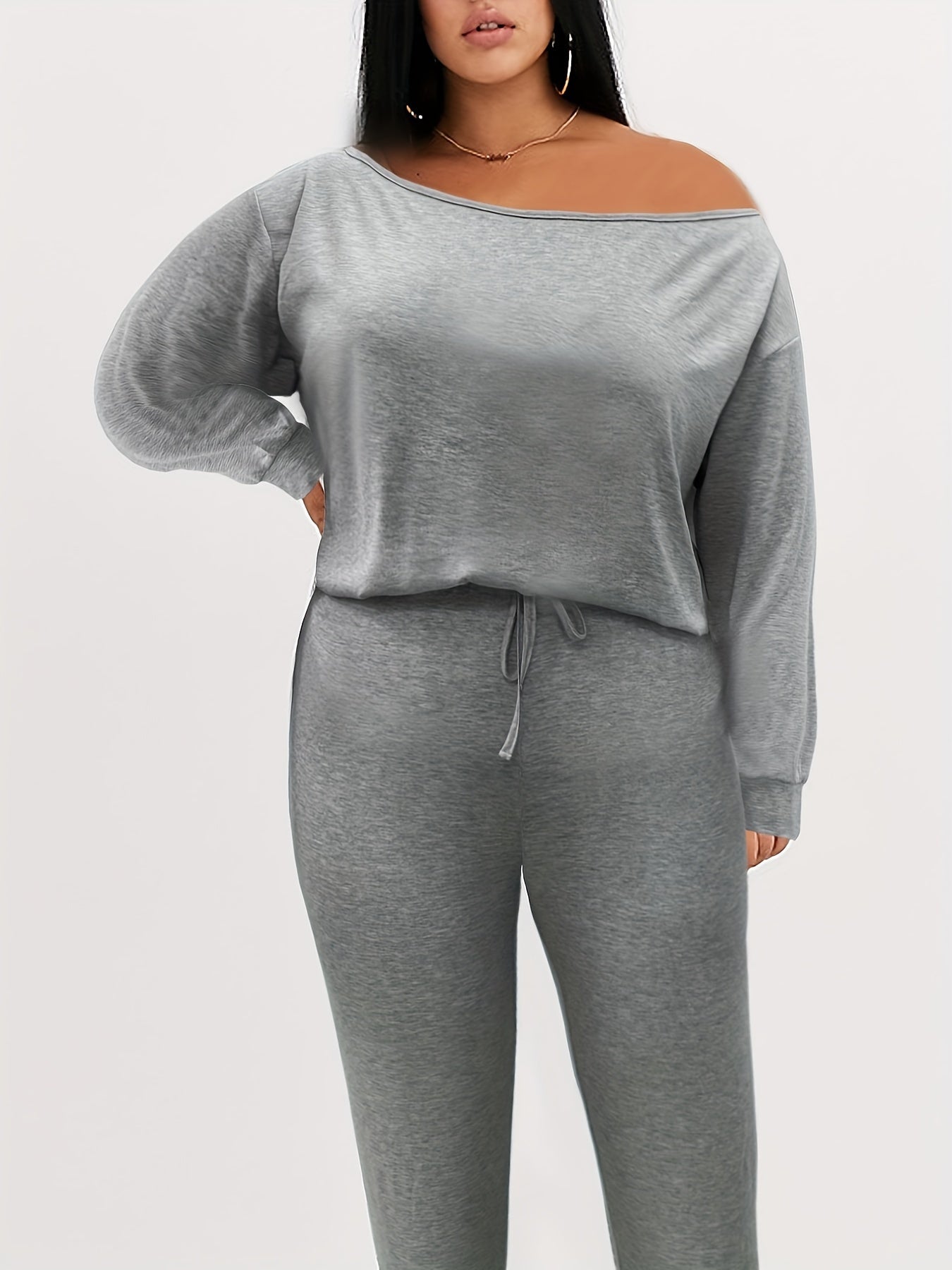 Plus Size Two-Piece Set – Solid Color Cross-Shoulder Collar Long Sleeve Top & Pants – Casual Chic Outfit