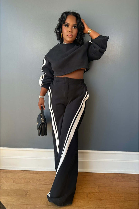 Black Striped Crop Sweatshirt and Straight Pants Set