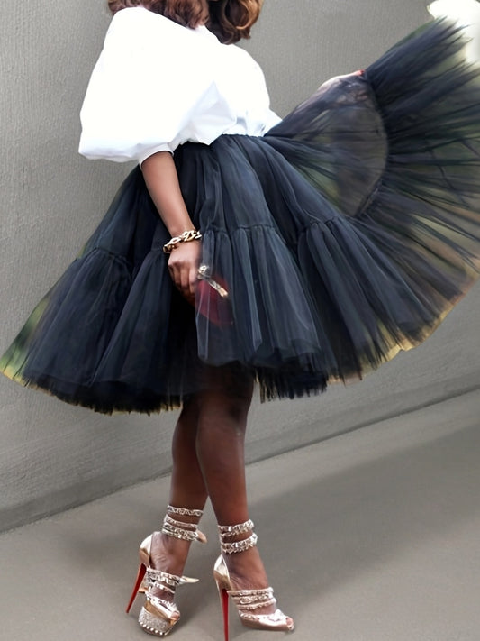 Mesh Overlay Tiered Midi Flared Hem Skirt