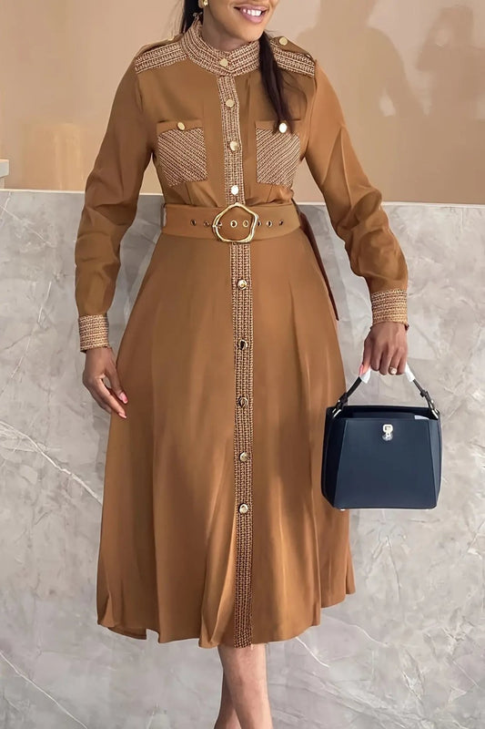 Plus Size Elegant Midi Dress - Solid Color Splicing, Long Sleeve, Mock Neck, Belted, Epaulets, Flattering Silhouette, Comfortable fit. Toshe Women's Fashions