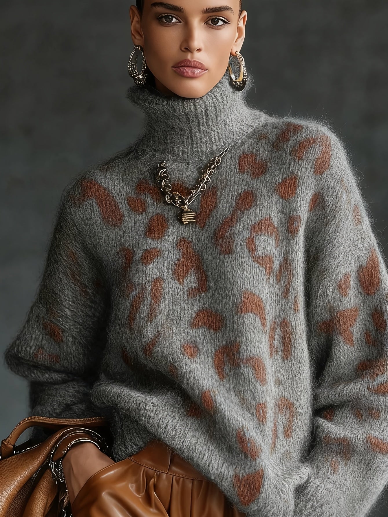 Oversized Leopard Print Turtleneck Sweater